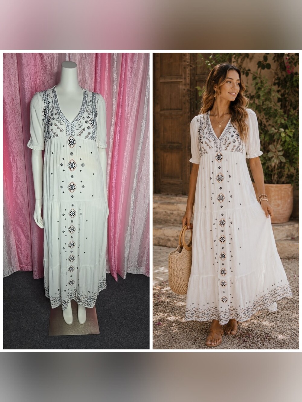 Knox Rose Ivory Boho Embroidered Cotton Lined Tiered Maxi Dress Size XS